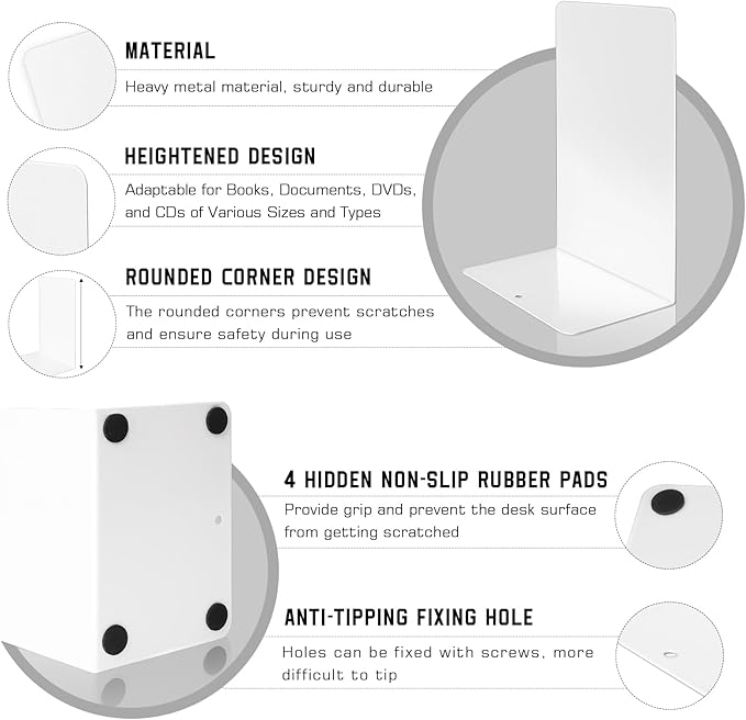 VONDERSO Metal Bookends, 4 Pairs White Metal Book Ends Heavy Duty for Shelves Decor Home Office, Unique White Bookends Supports Anti-Slip for Kids