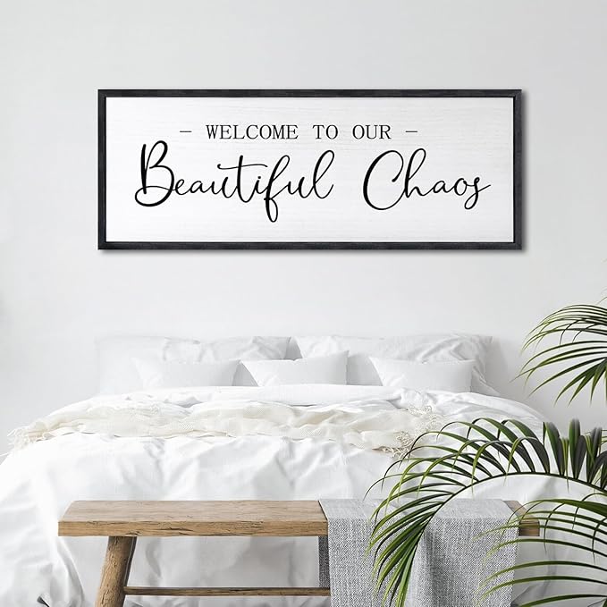 Welcome To Our Beautiful Chaos Sign Wall Decor Framed Wood 32X12 Inch For Rustic Home Living Room Entryway Bedroom Hanging Art (Black)
