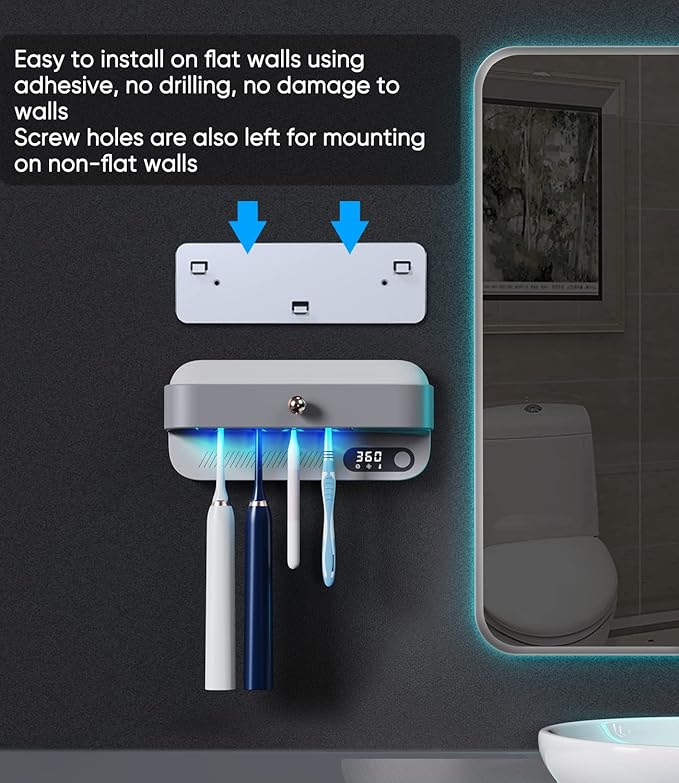 StarWin UV Toothbrush Dryer Holder, Heating Plate and Fan Drying Function, Rechargeable and Timing Tooth Brush Holder Wall-Mounted for Bathroom, No Drilling, 4 Slots