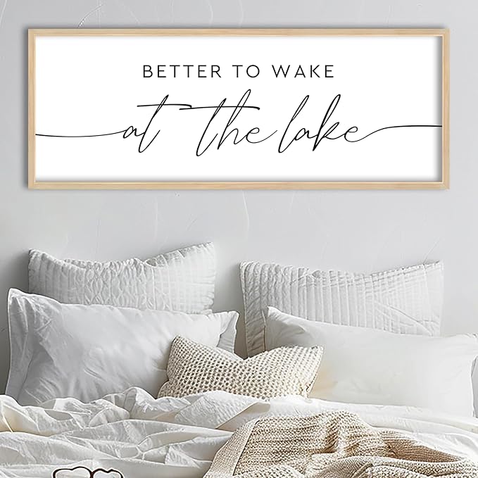 SRSZHIYUE Better To Wake At The Lake Wall Decor Above Bed Sign 32"×12" for Lake House Bedroom Over Bed Large Wood Framed Wall Hanging Art (Wood)