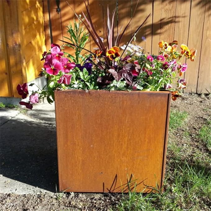 Corten Steel Planter Box Metal Outdoor Planter Large Square Cube Rustic Planter Pot Durable Antique Detached for Commercial Residential Tall Plant Patio Deck and Backyard 32 Inch