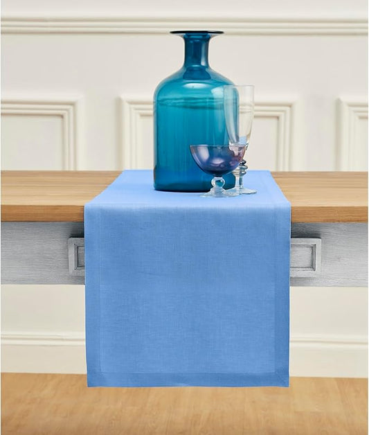 Solino Home Linen Table Runner 36 Inches - 100% Pure Linen Provence Blue Table Runner 14 x 36 Inch Ideal for Dresser and Coffee Tables - Fete