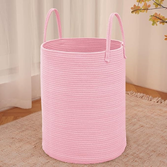 Large Woven Laundry Basket Hamper,80L Cotton Rope Storage Bin for Blankets,Toys and Clothes,Decorative Tall Nursery Hamper for Living Room,Baby Nursery,Bathroom and Bedroom,Pink