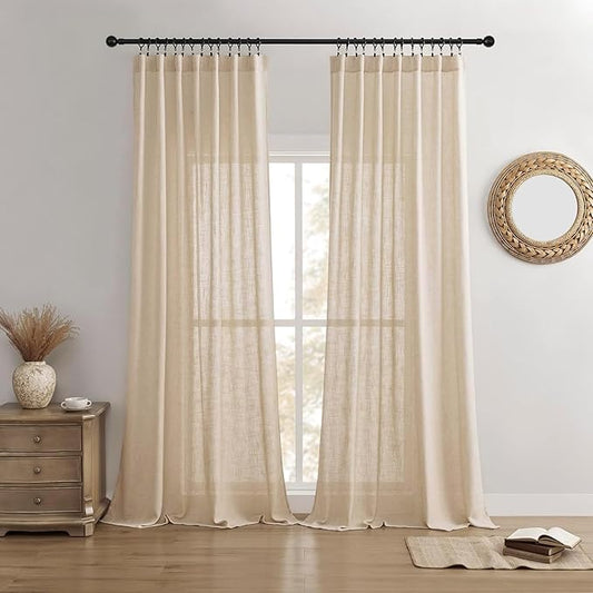 Joydeco Linen Curtains 90 Inch Length 2 Panel Sets,Light Filtering Curtains for Bedroom 52 Inch Wide Living Room Drapes with Back Tabs & Rod Pockets (W52 x L90 Inch, Ecru)