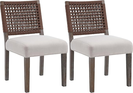 Kmax Farmhouse Dining Chairs Set of 2, Rustic Kitchen Chairs with Linen Fabric Seat and Woven Back, Vintage Accent Chairs for Dining Room, Living Room, Beige
