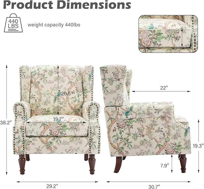 UIXE High Back Accent Chairs Set of 2, Fabric Upholstered Armchair for Living Room, Retro Printed Wingback Arm Chair Rivet Trimed Single Sofa Bedroom Reading Seat - Bird Floral