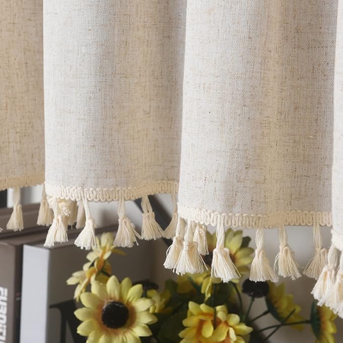 Sutuo Home Boho Sheer Curtain Valance Tier Cotton Linen with Bohemian Handmade Tassels, Short French Farmhouse Window Treatment for Kitchen Cafe, Rod Pocket, 1 Panel 59" W x 24" L, Natural Textured