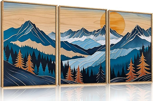 Celestdeco Blue Woodcut Mountain Framed Canvas Wall Art Set, Boho Abstract Ridge Wall Decor, Pine Tree Landscape Wall Painting, Sunrise Forest Art Print for Living Room, Bedroom, Office - 24"X36"X3