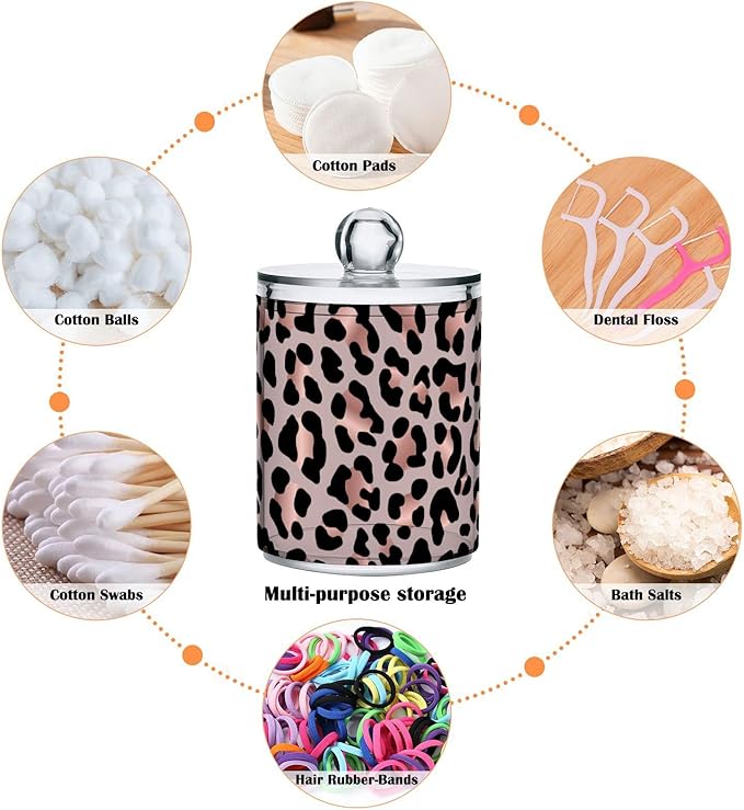 2 Pack Qtip Holder Dispenser Rose Gold Black Leopard Bathroom Storage Canister Lid Acrylic Plastic Apothecary Jar Set Vanity Makeup Organizer for Cotton Swab/Ball/Round Pads, Floss