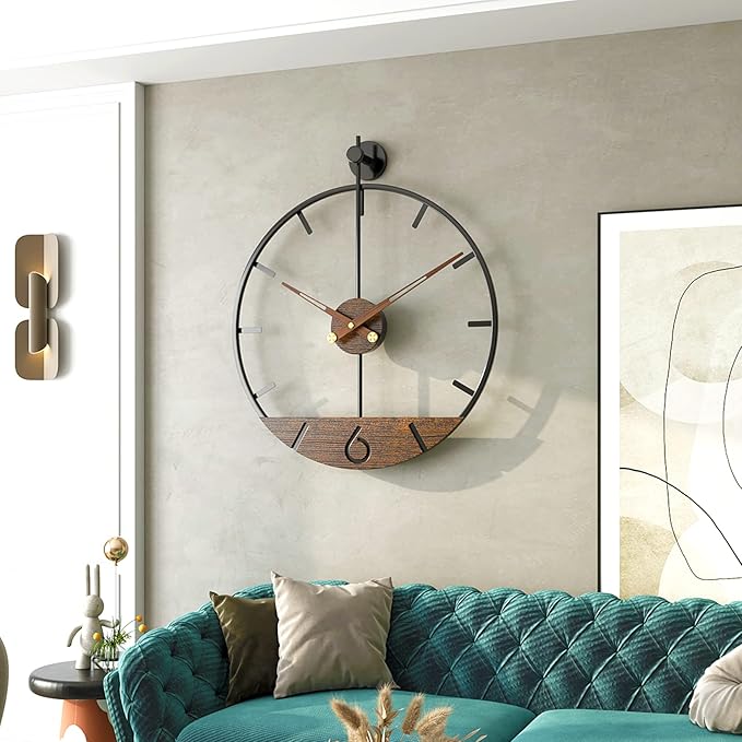 Modern Wood Walnut Dial Wall Clock, Large Simple Wall Decor Metal Frame Silent Non Ticking Clock for Living Room Decor, Kitchen, Bedroom, Study Decoration, Handmade Home Gift Idea, 22.5 in