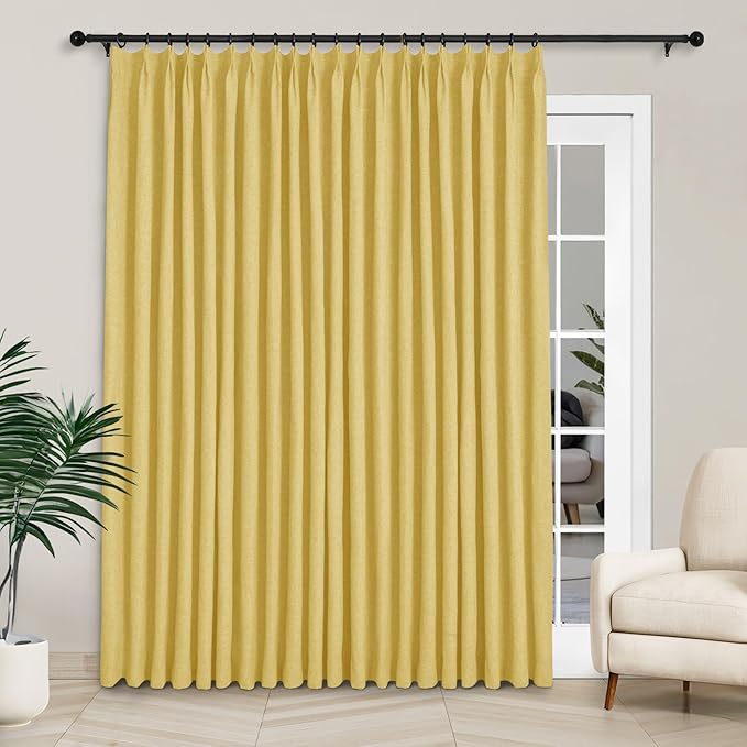 Macochico 100”Wx102”L 100% Blackout Pinch Pleated Linen Curtains for Sliding Door Bedroom Living Room Farmhouse Thermal Insulated Yellow Burlap Drapes with Tieback 1 Panel Shabby Chic Style