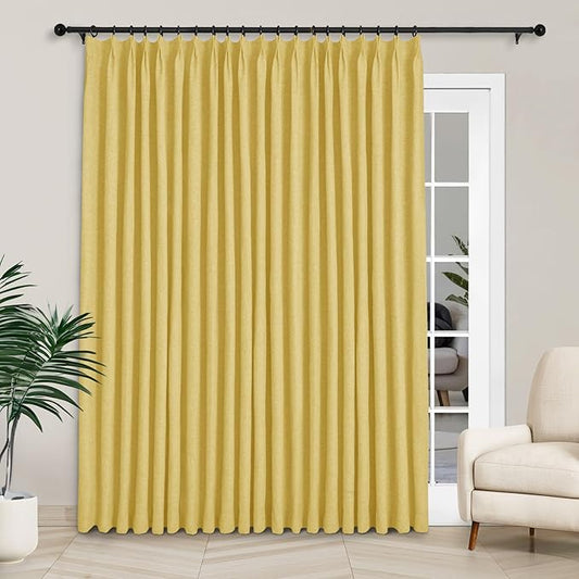 Macochico Extra Wide 100% Blackout Linen Curtains for Sliding Door Pleated Curtains with Hooks Insulated Soft Linen Drapes for Bedroom Living Room with Tieback Yellow 100”Wx84”L 1 Panel