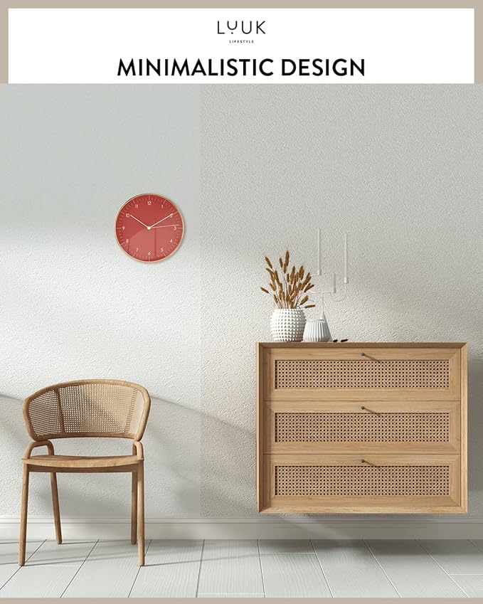LUUK LIFESTYLE Modern Wall Clock with Silent Quartz Movement, Stylish and Elegant, for Living Room, Bedroom, Dining Room, red and Gold