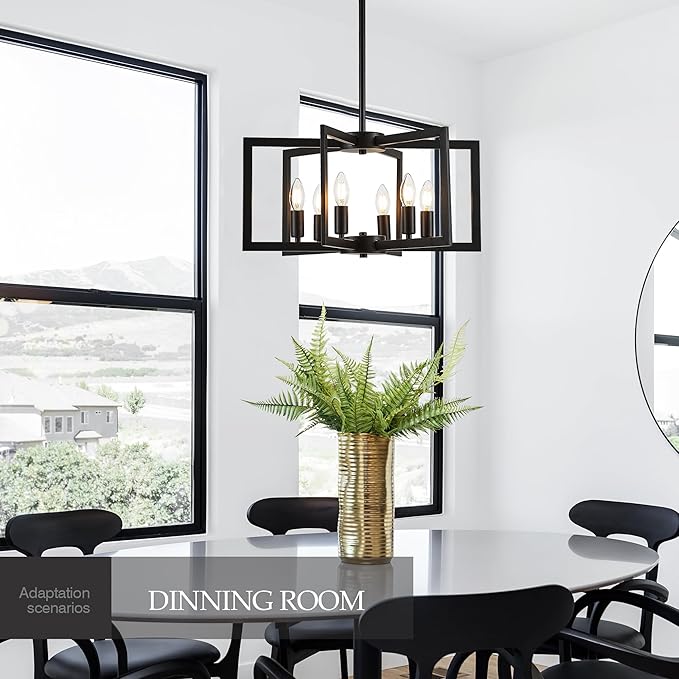 Modern Farmhouse Black Chandeliers for Dining Room, 6-Light Industrial Metal Chandeliers Geometric Pendant Lights Kitchen Island for Entryway Stairway Foyer Hallway