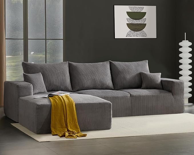 Boneless Sectional Cloud Couch Sofa for Living Room, 112" L-Shaped Modular Modern Lounge Sleeper Grey Couches with Chaise, No Assemble, Cordury Compression Upholstered Sofas
