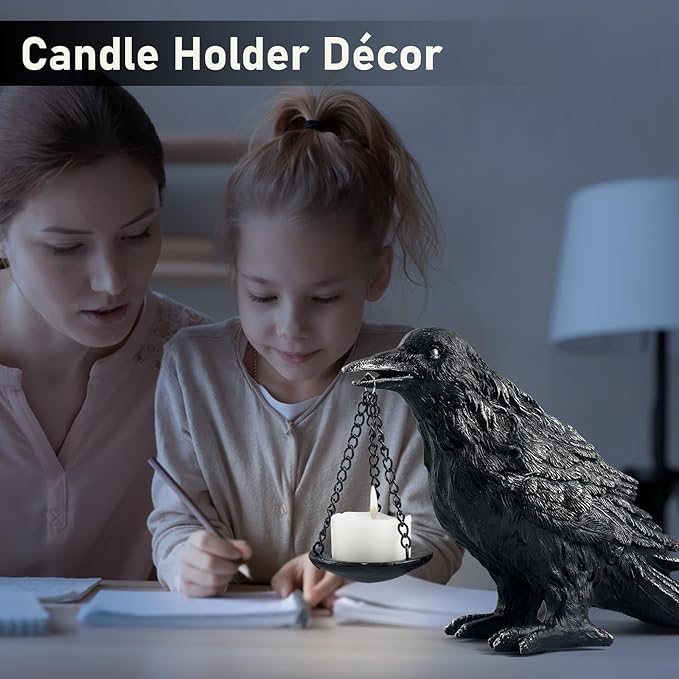 Raven Gothic Home Decor Fake Crow Light Holder Raven Lamp Tealight Candle Holder Resin Raven Statue Wearing Silver