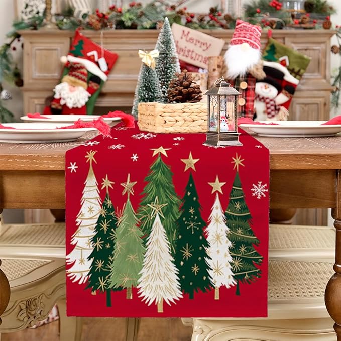 GEEORY Christmas Table Runner 13x108 Inch, Xmas Trees Snowflakes Holiday Decorative Farmhouse Table Decoration for Kitchen Dinning, Indoor Outdoor Dinner Party Decor (Red) GT150-108