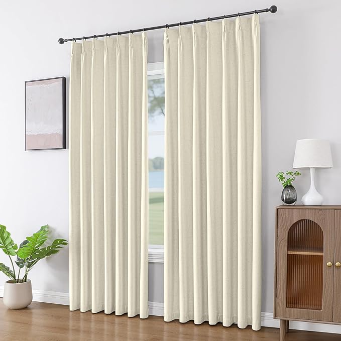 Joydeco Pinch Pleated Linen Curtains Darkening Drapes for Bedroom, 100% Blackout Drapes 96 inches Long 2 Panels Heat Blocking Curtains(Linen,40'' Wx96'' L)