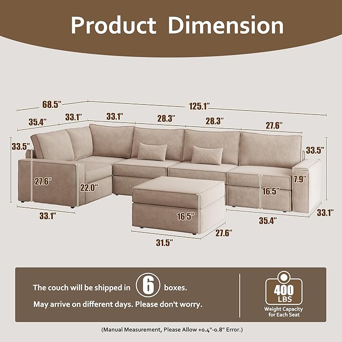 HOOOWOOO Modular Sectional Couch Sofa,125X69 U L Shaped Oversized Couch Sets Free Combination,6 Pieces Extra Deep Sofa with Ottoman for Living Room(Camel Corduroy)