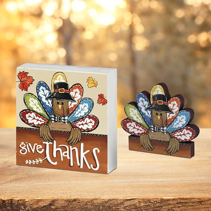 Smile Thanksgiving Wooden Decor Indoor, Turkey Decor Give Thanks Box Sign, Thanksgiving Table Tiered Tray Kitchen Decorations