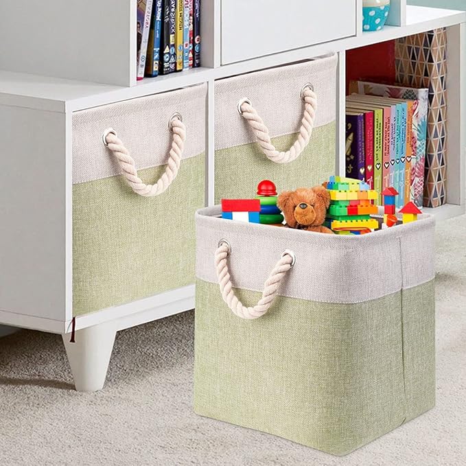 i BKGOO 3Pack Large Foldable Storage Bins，Collapsible Sturdy Cationic Fabric Organizing Storage Basket Cube with Cotton Handles for Home Office Shelf Clothes Toys Beige-Green 13×13×13 inch