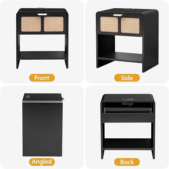 LEVNARY Nightstand with Charging Station, Mid-Century Modern Bedside Table with Curved Top Corners and Fabric-Like Textured Drawer, Wooden End Table for Farmhouse Bedroom Living Room (1, Black)