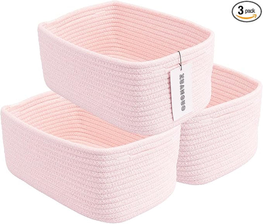Small Woven Storage Baskets 12“X8”X5“ Decorative Rope Bins for Organizing Shelves, Closets, and Toys, Empty Gift Baskets, Cute Organizer Basket for Home and Office (pink, regular)