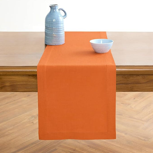 Solino Home Persimmon Orange Table Runner 132 Inches Long - 100% Pure Linen Extra Long Table Runner 14 x 132 Inch for Fall, Autumn, Halloween, Thanksgiving - Fete