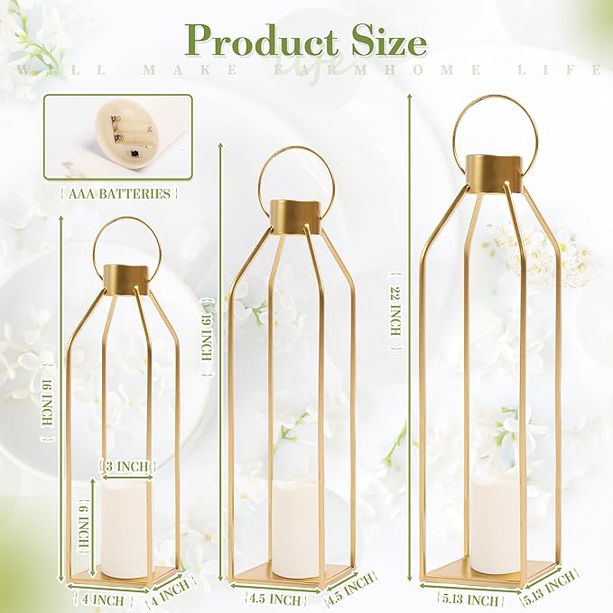 HPC DECOR Modern Farmhouse Lantern Decor- 22''19''16''Tall Large Gold Metal Candle Lanterns for Home Decor-Lanterns Decorative w/Timer Flickering Candles for Living Room,Outdoor,Fireplace Mantle Decor