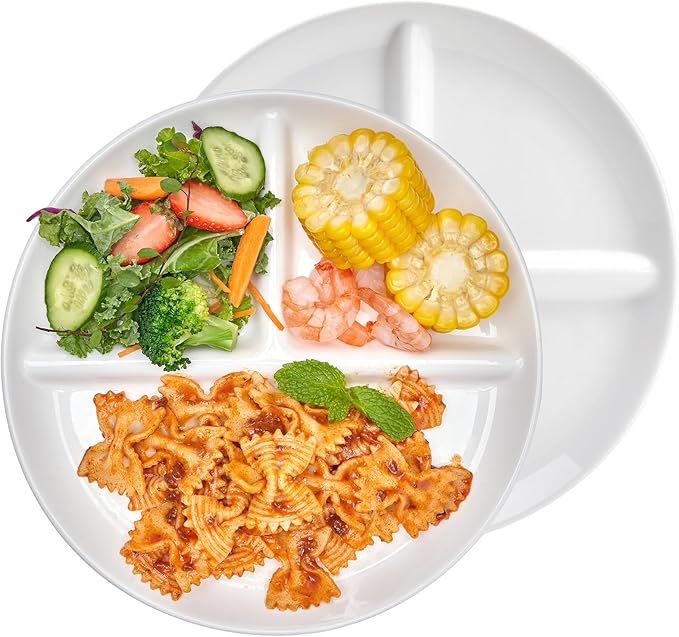 Sweese Porcelain Division Dinner Plates Set of 2, 9 Inch Divided Plates for Adults, Balanced Meal Building - White