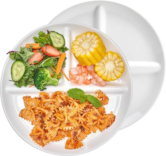 Sweese Porcelain Division Dinner Plates Set of 2, 9 Inch Divided Plates for Adults, Balanced Meal Building - White