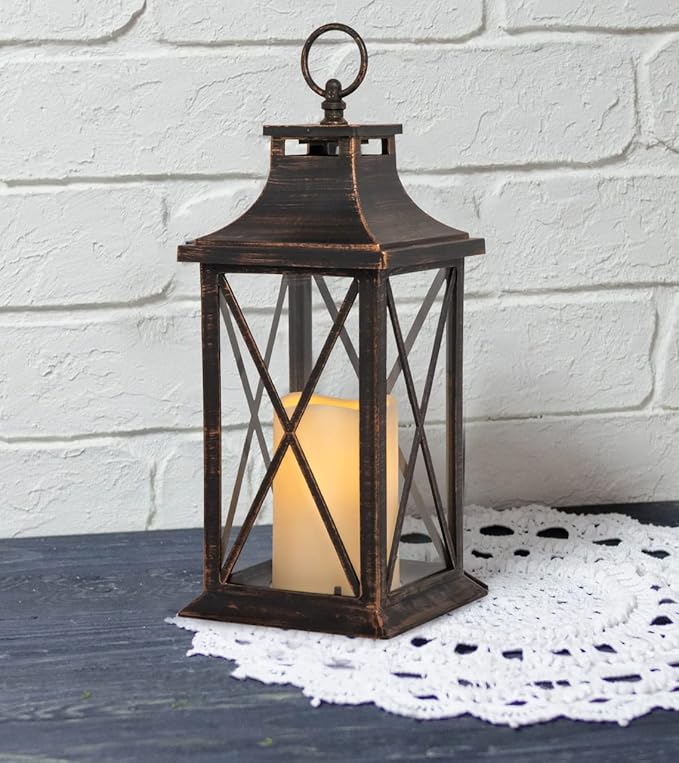 YAKii 14" Decorative Candle Lantern LED Flameless Candle Timer, Plastic LED Candle & Holder, Indoor & Outdoor Hanging Lights,Christmas Day Decoration (Antique Copper Brushed)