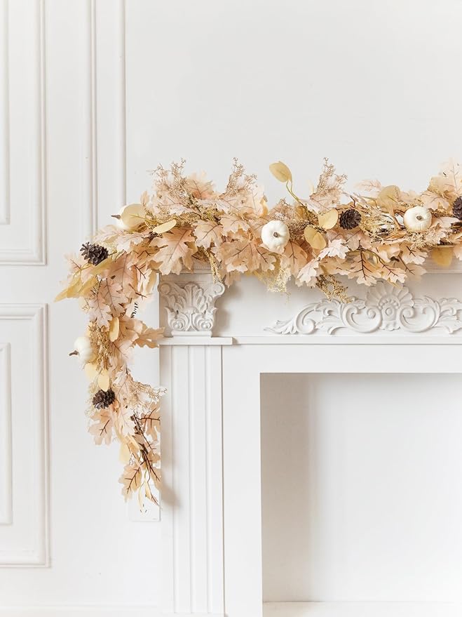MISSPIN 6FT Boho Fall Garland, Fall Decor Autumn Maples Leaf Garland for Autumn Decor Hanging Vine for Halloween Thanksgiving Home Wedding Fireplace Party Christmas(Beige)