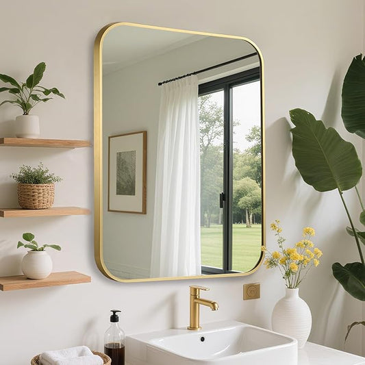 FARMER 20x30 Inch Gold Bathroom Mirror, Rectangle Vanity Mirror, Brushed Mirrors for Wall, Metal Frame Hanging Mirror with Round Corner for Bedrooms, Entryways, Living Rooms, Horizontal/Vertical
