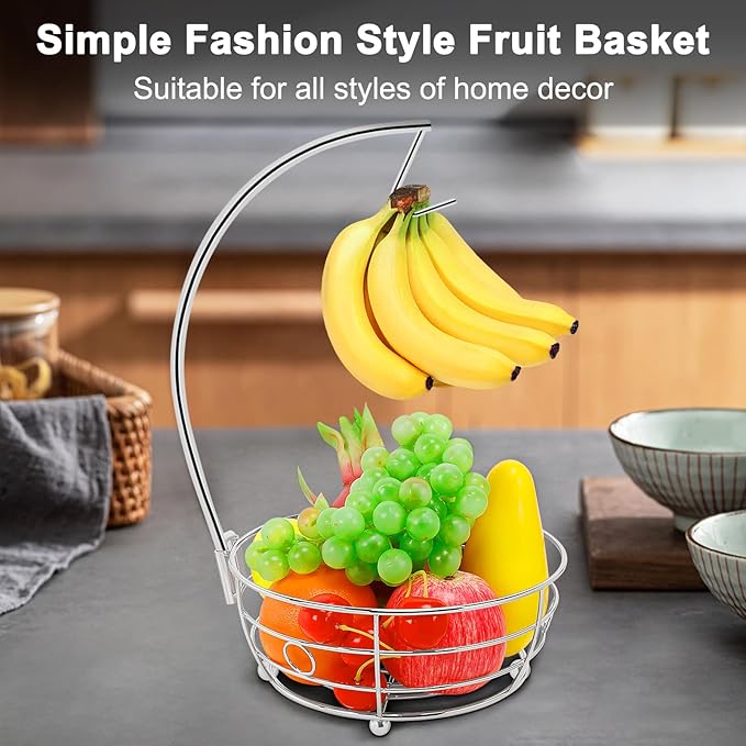 Livabber Countertop Fruit Basket Bowl with Banana Hanger, Modern Standing Fruit Vegetable Bowl Storage, with Banana Tree Holder for Kitchen Dinning Table (Round Metal, Chrome)