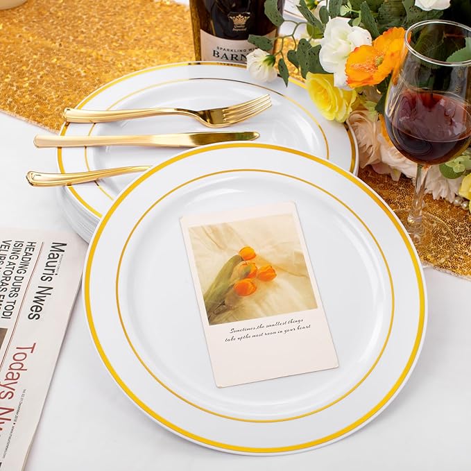 FLOWERCAT 60PCS Gold Plastic Plates - Heavy Duty White and Gold Plastic Plates Disposable for New Year/Thanksgiving Party/Wedding - Include 30PCS 10.25" Dinner Plates and 30PCS 7.5" Dessert Plates