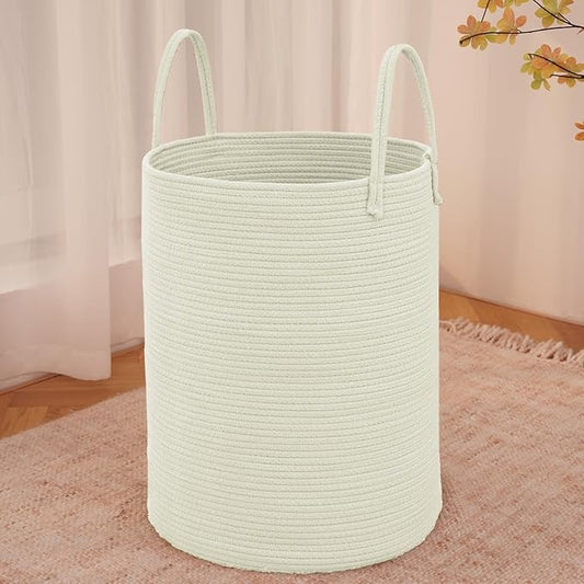 Large Woven Laundry Basket Hamper,100L Cotton Rope Storage Bin for Blankets,Toys and Clothes,Decorative Tall Nursery Hamper for Living Room,Baby Nursery,Bathroom and Bedroom,White