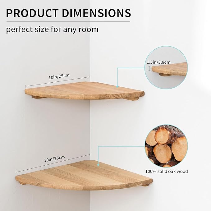 Corner Shelves, Floating Corner Shelf, Set of 2 10inch Solid Oak Wood Corner Wall Shelves, Round End Wall Mount Display Shelf with Wire Hole for Bedroom Kitchen, Living Room
