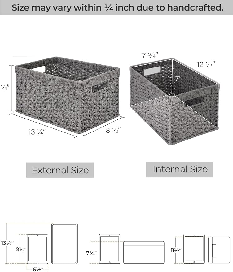 StorageWorks Round Paper Rope Storage Baskets, Rectangular Wicker Baskets with Built-in Handles, Gray, 2-Pack