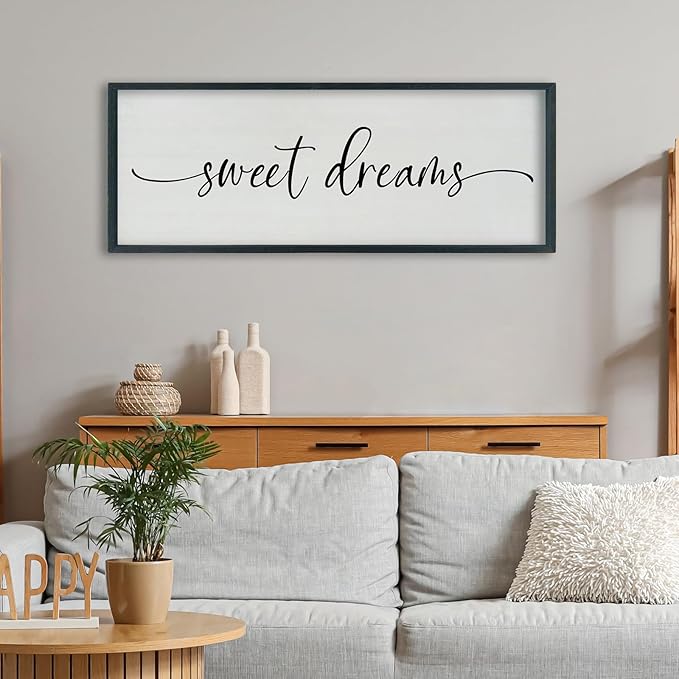 SRSZHIYUE Sweet Dreams Above Bed Wall Decor, 40"x15" Large Rustic Master Bedroom Over Bed Sign Guest Room Couples Wood Framed Farmhouse Horizontal Hanging Decoration (Black)