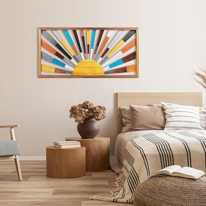 IARTTOP Large Boho Sun Wall Art Framed Wooden Art Wall Decor Rainbow Sun Rising On The Horizon Geometric Line Sunshine Wall Art for Living Room Bedroom Office 16"x32"
