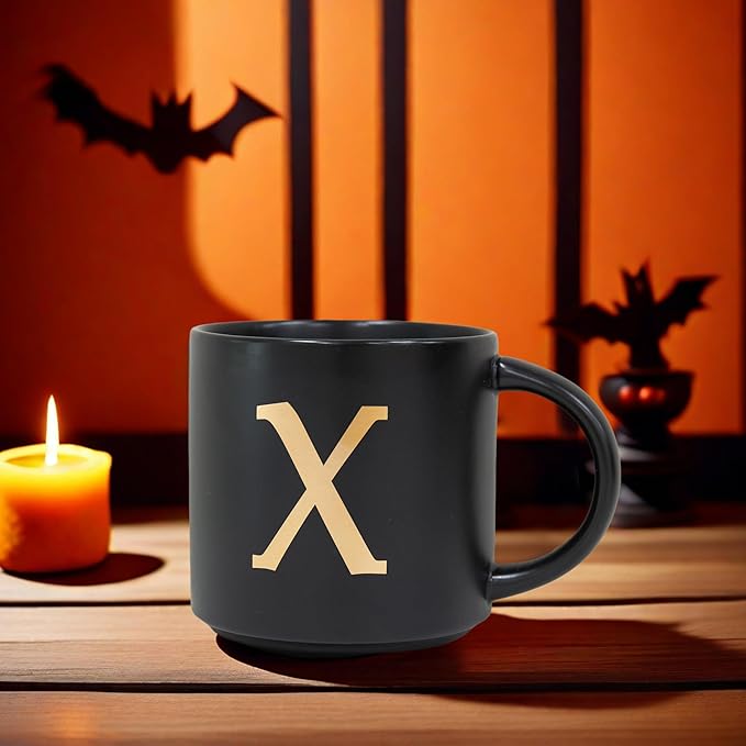 COLLECTIVE HOME - Monogram Ceramic Mugs, 15 oz Golden Initial Black Coffee Cups, Elegant Alphabet Tea Mugs, Elegant Personalized Mug with Gift Box, Unique Mug with Double Side Capital Lette (X)