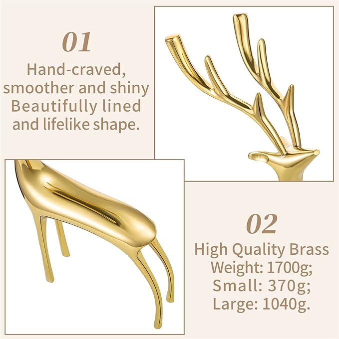 Sziqiqi Reindeer Sculpture for Christmas Table Centerpieces - Gold Brass Deer Antler Statue Decor Metal Elk Figurine Modern Stag Sculpture for Christmas Decorations Indoor Animal Rein Deer Ornaments