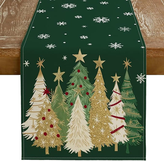 GEEORY Christmas Table Runner 13x72 Inch, Xmas Trees Snowflakes Holiday Decorative Farmhouse Table Decoration for Kitchen Dinning, Indoor Outdoor Dinner Party Decor (Green) GT152-72
