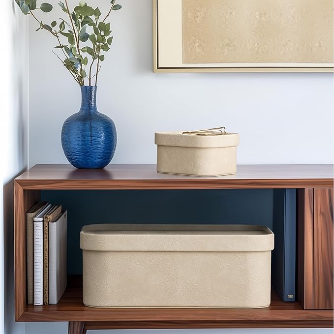 La Jolie Maison Vegan Leather Storage Boxes with Lids, Set of 3 Decorative Storage Containers Organize Stackable Storage Box, Beige