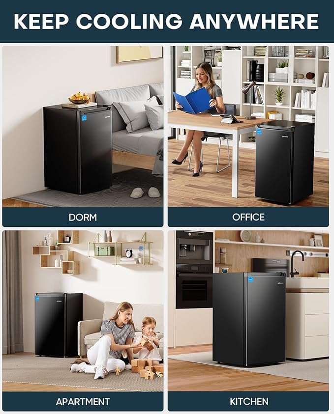 Upstreman 4.4 Cu.Ft Mini Fridge with Freezer, Single Door Mini Refrigerator for Bedroom, Extra Large Capacity, Energy-efficient, Small fridge for Office, Dorm, Kitchen, Black-BR44