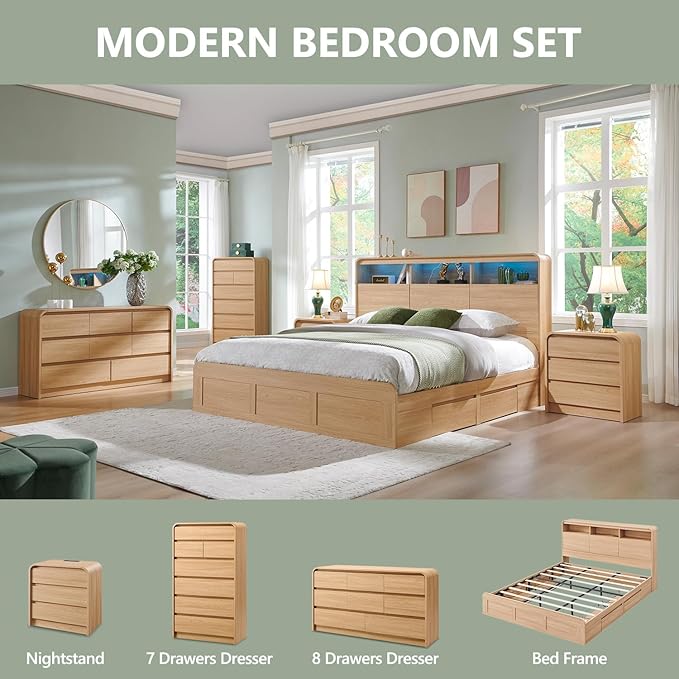 25" Tall Modern Nightstand with Charging Station, 23.6'' Wide Wood Bedside Table w/3 Storage Drawers, Small Dresser w/Curved Profile Design, End Table for Bedroom, Natural Oak