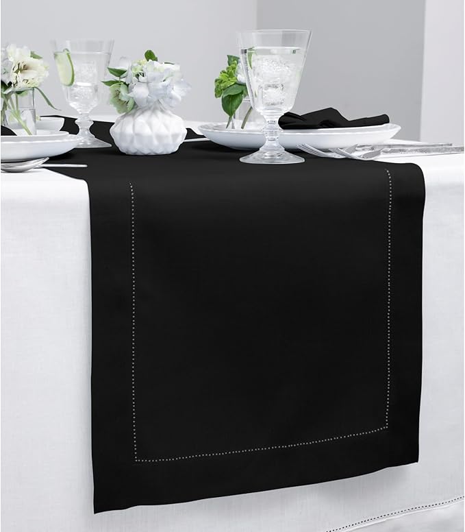 Solino Home Linen Black Table Runner 120 Inches Long - 100% Pure Linen 14 x 120 Inch Table Runner for Fall, Autumn, Halloween, Thanksgiving - Classic Hemstitch