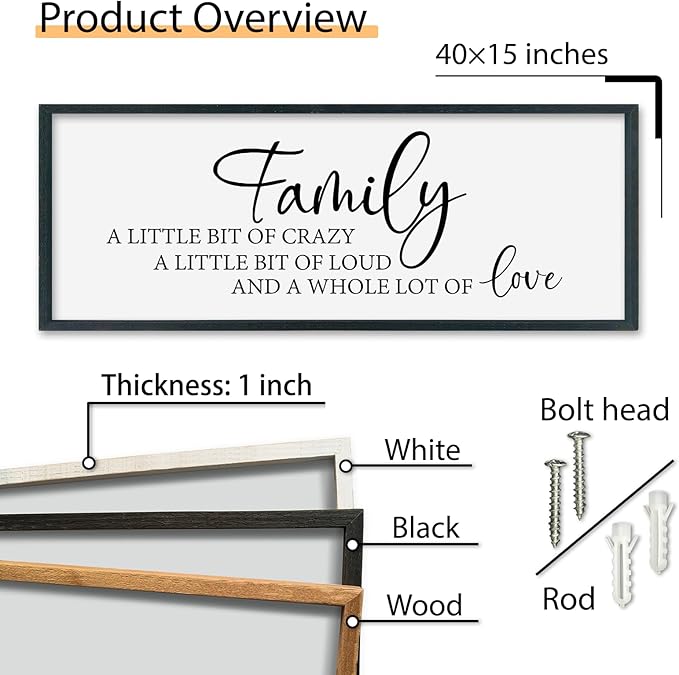 SRSZHIYUE Family A Little Bit Of Crazy Loud Sign Wall Decor Art 40"×15" Large Wood Framed Wall Hanging (Black)
