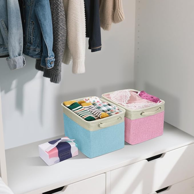 BALEINE 4 Pack Fabric Storage Bins for Shelves, Linen Storage Baskets for Organizing, Decorative Closet Bins for Clothes, Home (Grey, 12"x8"x8")